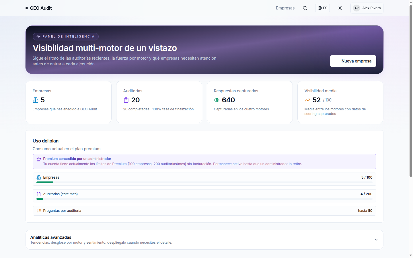Panel de Reckomenda con la visibilidad de marca en varios motores